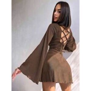 Fashionable Sexy Round Neck Solid Color Bell Sleeve Hollow Out Tie Up A-Line Mi…